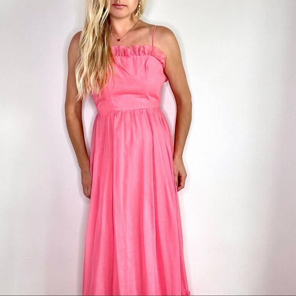 Vintage Pink Maxi Dress with Ruffle Chest Size Small